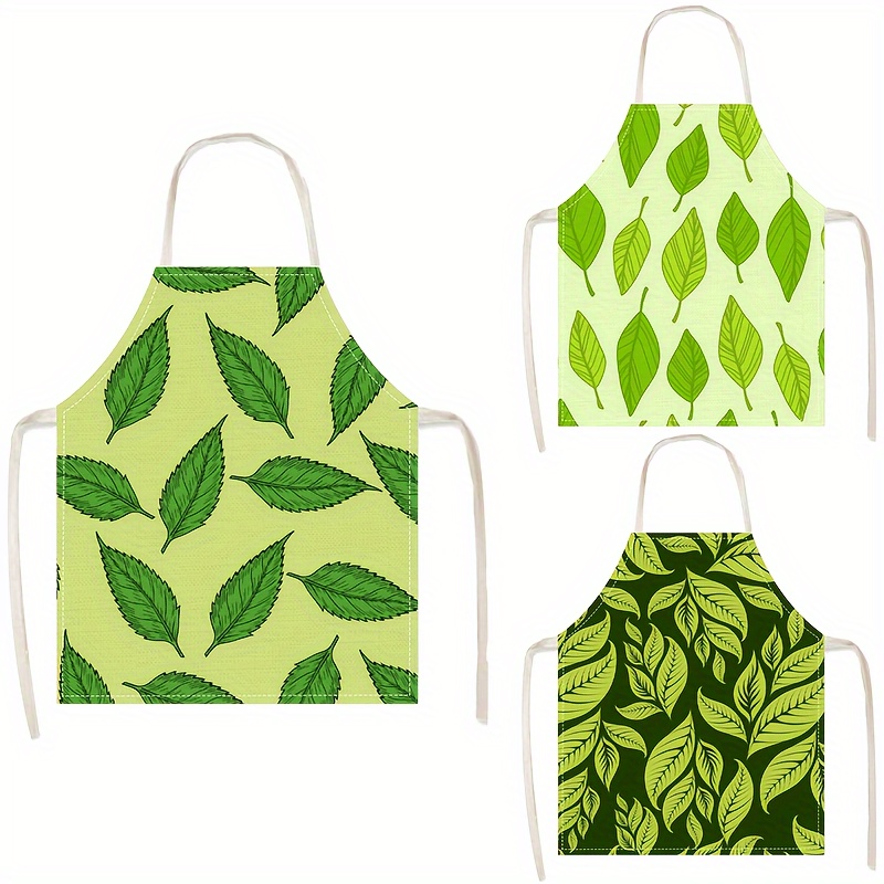 Home Cooking Ideas - 1pc Linen Apron Green Leaf Pattern